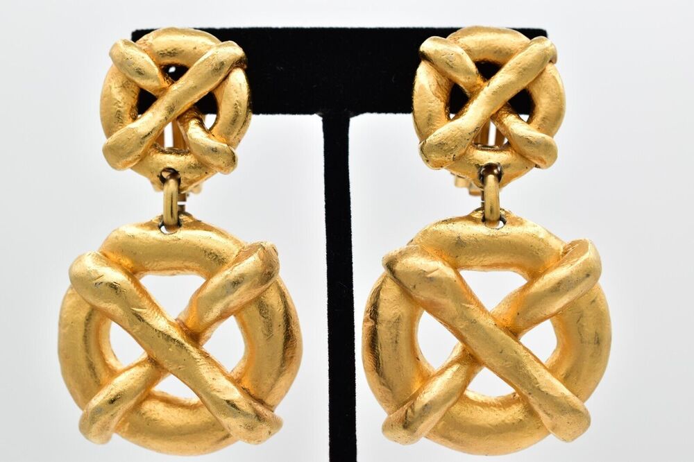 Vintage Chunky Clip On Earrings X Brushed Gold Heavy Etruscan Bold 1980s BinBB